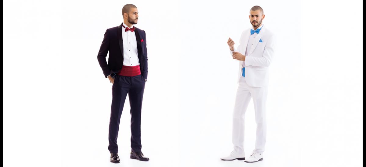 BOUTIQUE GABRIEL El smoking negro con corte clásico o solapa redonda. Hoy en día está retomando y aportando un look más original. Aunque lo más apropiado suele ser el color negro, también es permitido agregar la faja, el corbatín y un pañuelo de color o estampados (en este caso vino tinto). Es una propuesta para quienes prefieren llevar sintonía con los colores de la decoración. De otra parte, está el smoking blanco con corte clásico o solapa redonda. Se convierte en una gran alternativa para el novio. Transmite frescura y elegancia, ideal para el cálido clima, eventos a la luz del día, pero también le apuesta a su uso de noche. MODELO: GABRIEL MALO/ AGENCIA: ELIDA CASTRO MODELS