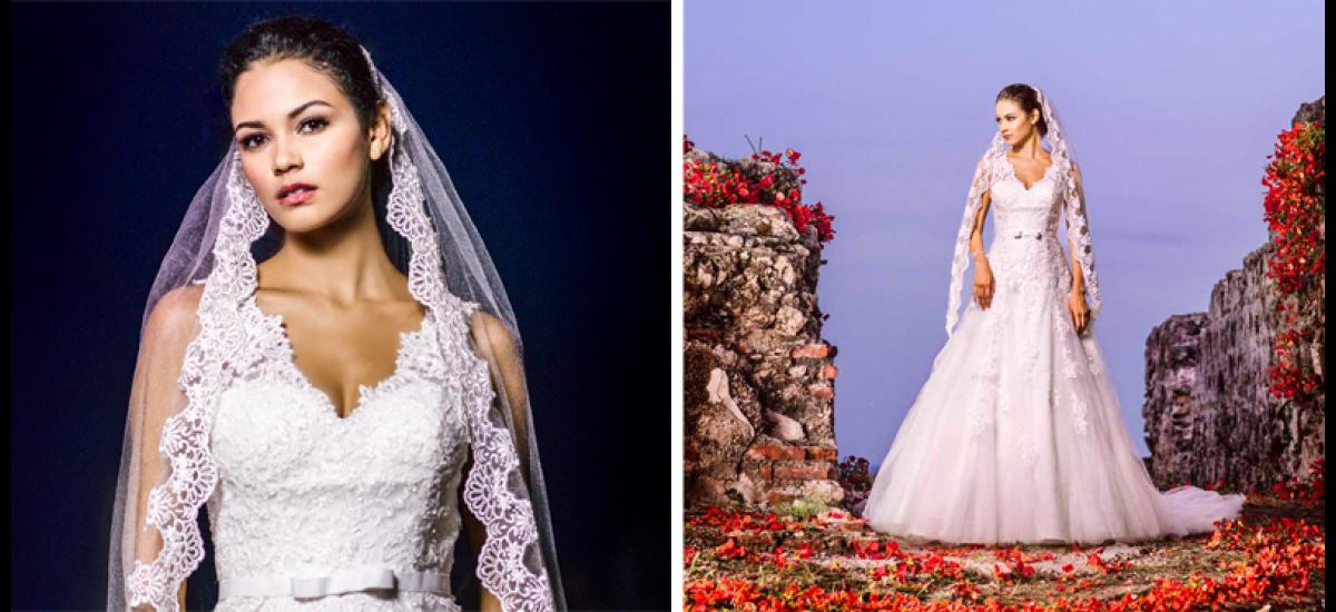 Gentil de Alma Novia: Es un vestido corte en A, con cuello en V y transparencia en la espalda con un delicado encaje. Resalta la cintura con un sutil lazo. Ideal complementarlo con una mantilla o velo en encaje. Diseño Camino al Altar/ Modelo: Catalina Mouthón