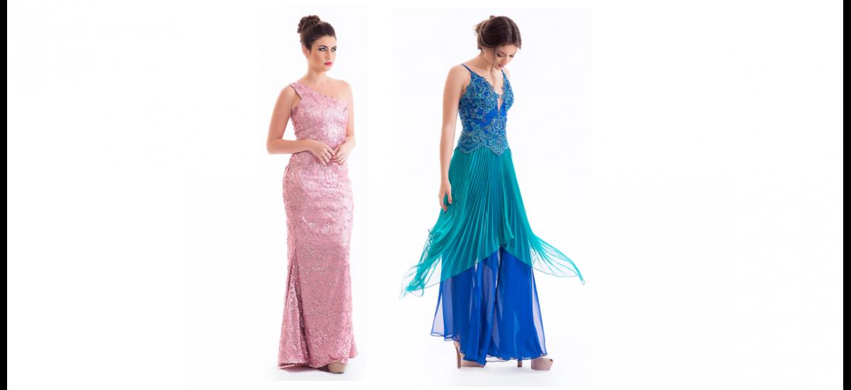DE LINO La diseñadora Clara Acosta presenta un diseño de corte sirena, con un solo hombro en lentejuelas color rosa. También recomienda esta llamativa combinación en azul y verde, top recamado con escote diamante y falda plisada de corte irregular.