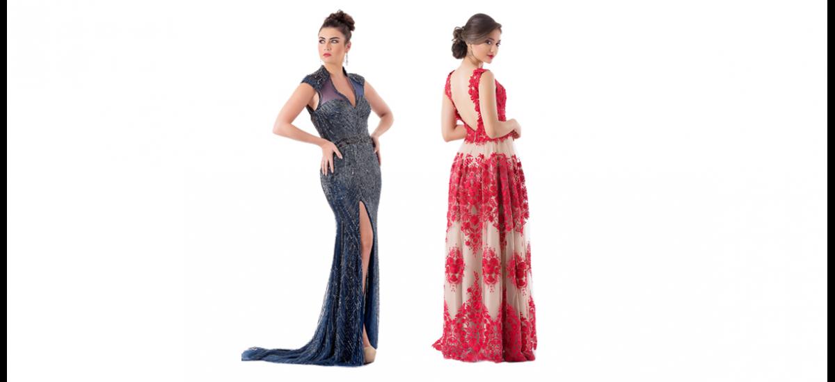 DIANA MARTÍNEZ El estilo de la diseñadora se ve reflejado en este vestido azul noche de corte clásico recamado en canutillos, mostacillas y cristales, y en este diseño de corte princesa en tul nude bordado y recamado en rojo.