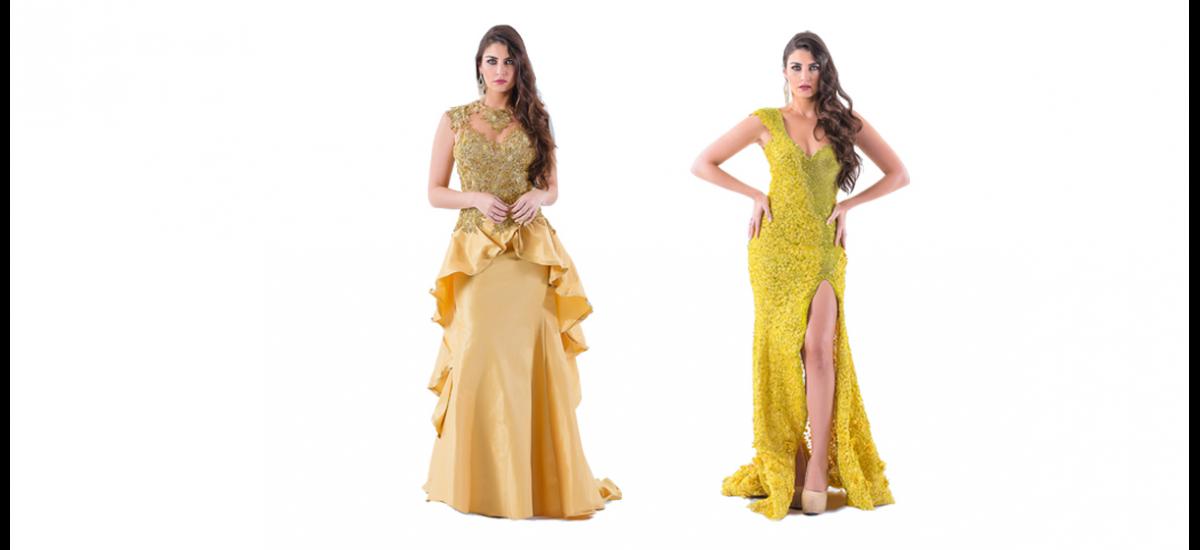 DIANA ROLANDO La diseñadora barranquillera presenta dos propuestas. Vestido de gala en tonalidad dorada, top elaborado en malla americana rebordada con canutillos y mostacillas hasta la cadera. Falda en tafeta stretch con corte sirena asimétrico y cola amplia en rotonda, que le imprime elegancia. Y un vestido amarillo de un solo hombro, con un corte semi sirena y transparencia en la falda finamente trabajada con cristales y flores en alto relieve. El ruedo está elaborado en cristales Swarovski y flores en 3D.
