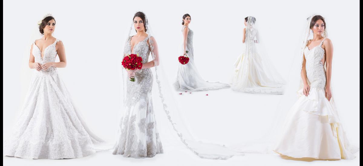 Propuesta de la diseñadora Diana Rolando. Vestido con escote corazón profundo, estilo princesa y totalmente rebordado en canutillos, mostacillas, perlas y flores en alto relieve. Se compone de dos piezas y teniendo como base un body y la falda es de estilo barroco. Diseño en corte semi sirena, en una tonalidad humo claro, rebordado en canutillos y mostacillas. Se acompaña de una mantilla rebordada y trabajada a mano y vestido de novia de estilo clásico, con top elaborado en malla stretch recamada en canutillos, mostacillas y piedras en distintos tamaños, la falda tipo campana con rotonda al sesgo da un toque vanguardista. Este diseño se acompaña de una mantilla rebordada. Los lucen las modelos Natalia Vidales y Tatiana Torres.