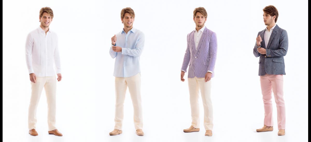 EDGAR GÓMEZ ESTÉVEZ “EGO” Un atuendo fresco para una boda en el día. Guayabera blanca en combinación con un pantalón mantequilla. Otra apuesta por este look, se compone de un diseño casual en lino compuesto por un pantalón en tonalidad trigo y camisa baby blue. Con un toque de color representado en la chaqueta de rayas lila, el básico se mantiene con guayabera blanca y pantalón mantequilla, sin embargo llega el cambio total con este look de combinación especial donde el lino toma total protagonismo. Blazer tropical en gris carbón, camisa blanca y pantalón palo de rosa. MODELO: ERIC SCHWYN