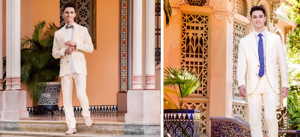 El lino es una fibra noble de absoluta elegancia que sirve de base para estos diseños propios para una boda en el Caribe. En color trigo, este vestido ligero se acompaña de camisa y corbata. El mismo vestido evocando los años 70, cuando los caballeros ataviados con guayabera, le adaptaban un elegante corbatín. Diseño de Edgar Gómez Estévez EGO/ Modelo: Walter Figueroa