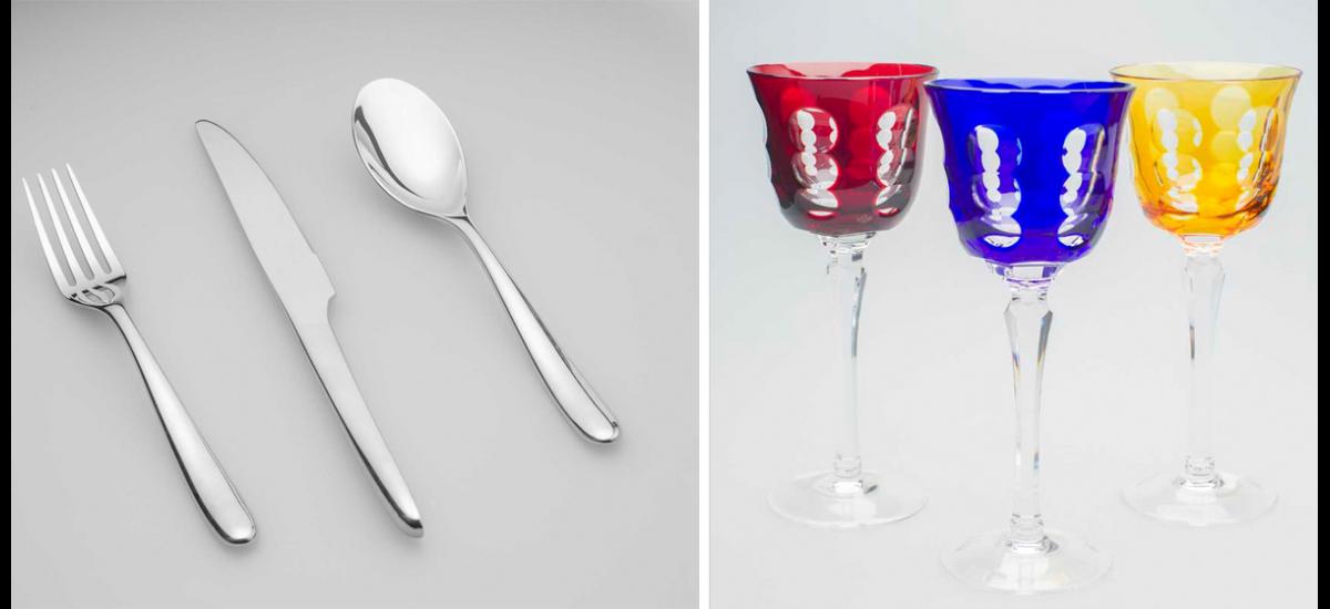 Cubiertos Spatour y copas para vino Christofle, un regalo de Emerald Center.