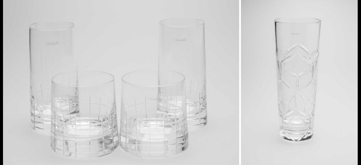 Vasos de la línea mesa Christofle y Florero en cristal, de Emerald Center.