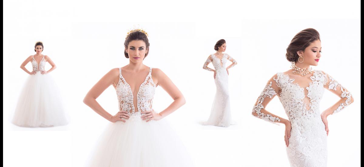 Vestido color marfil de corte princesa con amplia falda elaborada en tul, que contrasta con un top en encaje y un llamativo escote en “V”. Y otro diseño de corte sirena elaborado totalmente en encaje y guipur de tonalidad marfil, una apuesta a la elegancia. DISEÑO DE JENNY AMADOR/ MODELOS: NATALIA VIDALES Y TATIANA TORRES DE AGENCIA ELIDA CASTRO MODELS/ MAQUILLAJE: GINA JULIO/ PEINADO: LUIS GALVÁN PARA DIEGO MOYA SALÓN