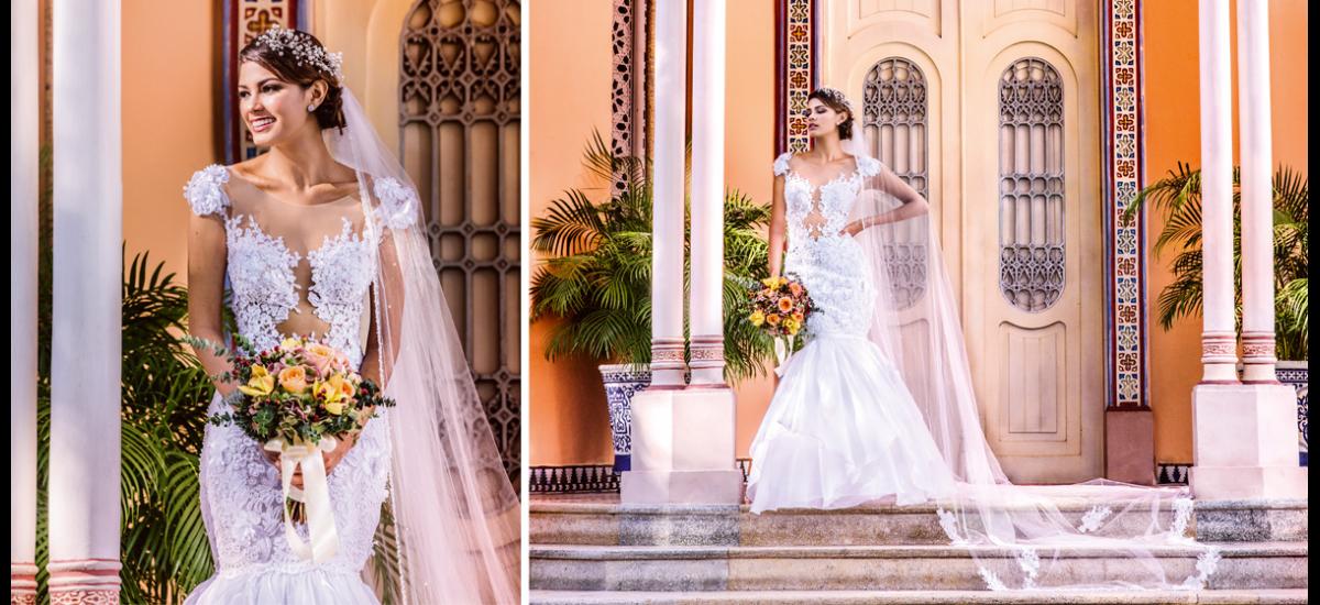 Vestido de corte sirena en encaje aplicado y recamado artesanalmente, termina en una falda vaporosa compuesta por varias capas de organza. Lo complementa un largo velo aplicado y recamado. Diseño de Jenny Amador/ Modelo Catalina Mouthón