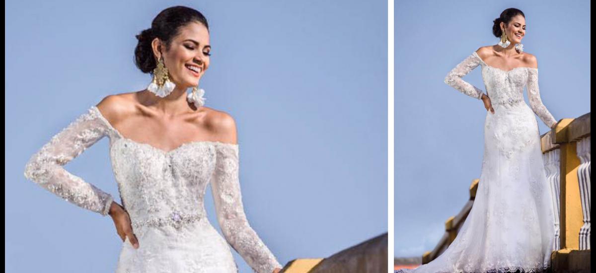 Vestido elaborado en encaje chantillí, con mangas largas que a su vez dejan los hombros al descubierto. Marca sensualmente la figura, para una boda de ensueño. Diseño de Jenny Amador/ Modelo Catalina Mouthón