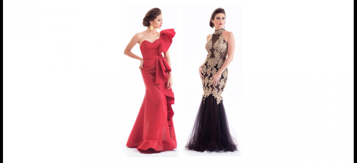 JENNY AMADOR. Un diseño llamativo y elegante de alta costura elaborado en neopreno rojo en corte sirena con boleros. Otra propuesta está en un Vestido de corte clásico con cuello halter elaborado en tull negro con apliques dorados, toda una exaltación a la elegancia.