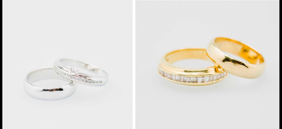 De sutil belleza, juego de argolla y pisa argolla en oro blanco y diamantes, propuesta de Joyería Nancy, al igual que el juego de argollas de matrimonio en oro amarillo y diamantes.