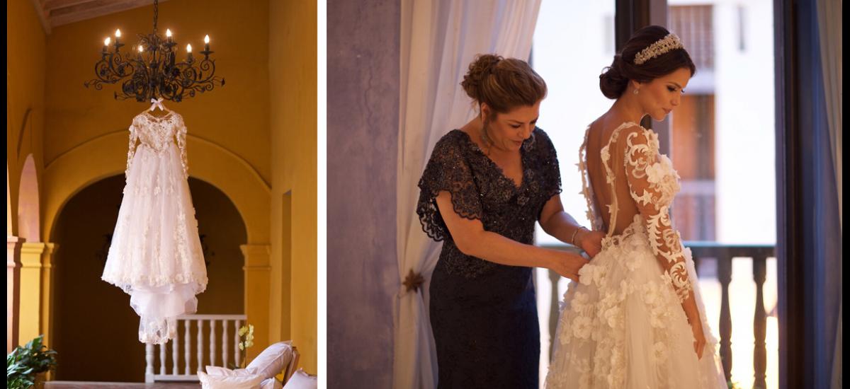 El vestido fue diseñado por “La aguja de oro”, Amalín de Hazbun. Romántico, con transparencias actuales, pero con el toque clásico que caracteriza a la novia, quien estuvo acompañada en los instantes previos por su mamá Claudia Morales de Hoyos.