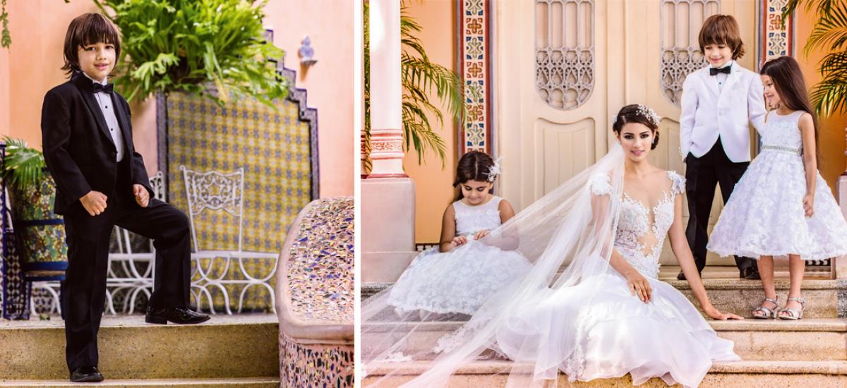 El smoking negro de Boutique Gabriel, acorde a la elegancia y lo tradicional, se mantiene en este clásico atuendo. Y la diseñadora Jenny Amador propone para las niñas, vestidos blancos con faldas campana en telas de flores 3D, que se complementan con un fajín con lazo y un toque plateado que da un realce único. Mientras que el niño luce un smoking tropical de Boutique Gabriel, compuesto por pantalón negro, saco blanco y corbatín.