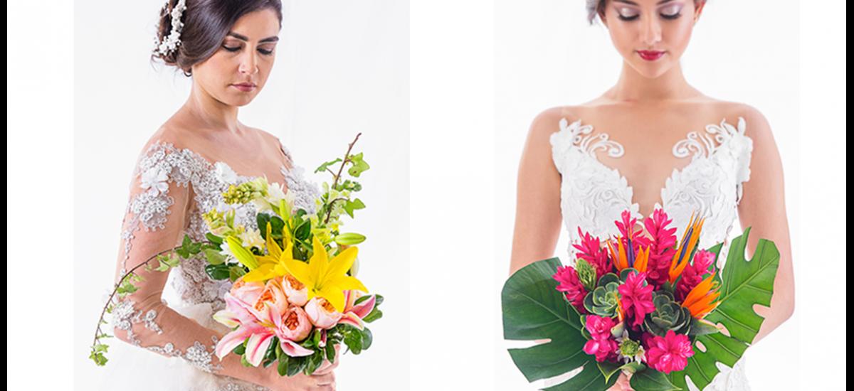 Ramo de novia semisuelto en rosa jardín rosada pálida, lirio fucsia y amarillo, brillantina y hiedra pequeña y ramo de novia tropical en Aves del Paraíso, ginger rojo, suculentas y hojas de balazo. DISEÑO DE FLORARTE/ FOTOS: FERNANDO PARRA
