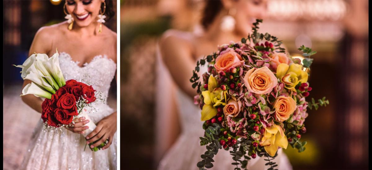 Dos bellas propuestas de Florarte. El romanticismo en su esplendor con los cartuchos rodeados de bellas rosas rojas y gypsophilas en un tallo largo y el encanto tropical obtenido a través de las hortensias, rosa naranja, cafeto y orquídeas amarillas.