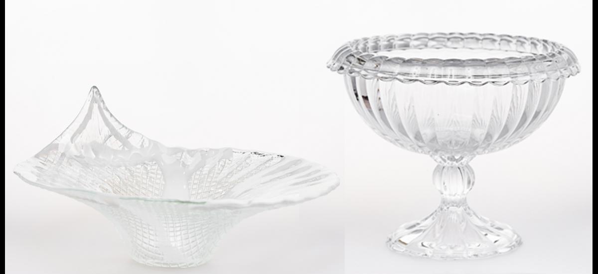 Centro de mesa redondo con vetas en cristal de murano y otra elegante propuesta, centro de mesa con pie en cristal checoslovaco.