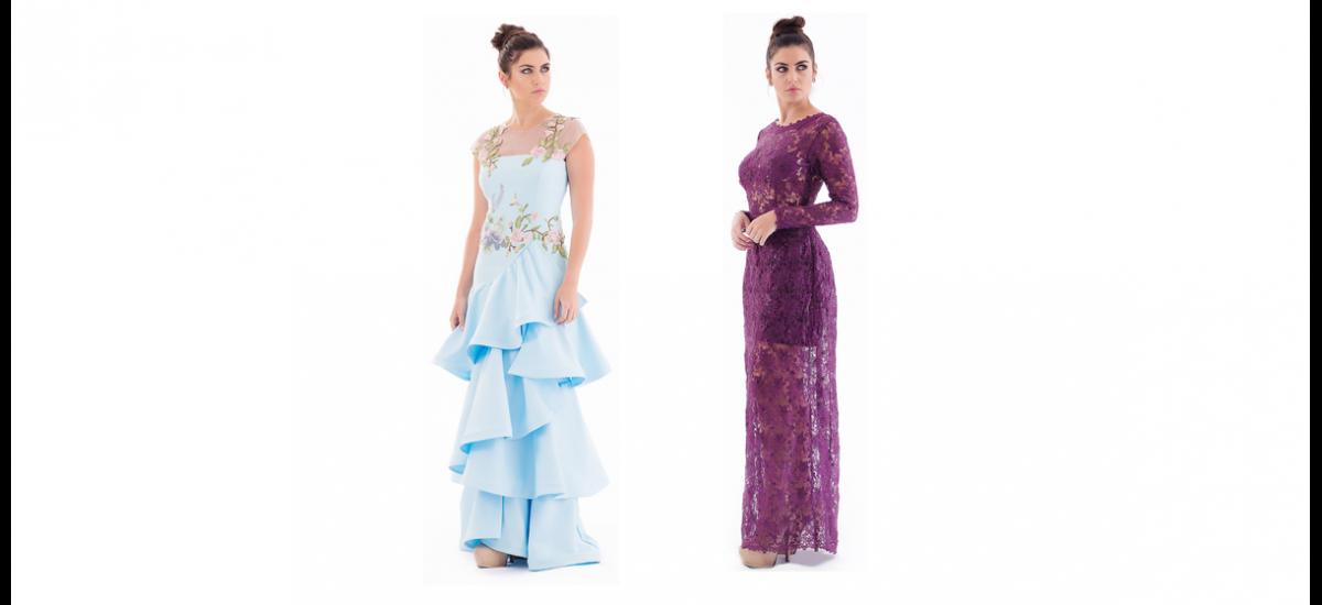 ROSA ELENA NÚÑEZ Un atuendo en color azul cielo elaborado en podesuá en combinación con tul bordado en apliques en tonos pastel. Remata en tres boleros de corte asimétrico. También propone un vestido elaborado totalmente en encaje morado, manga larga y un sugestivo escote en la espalda.