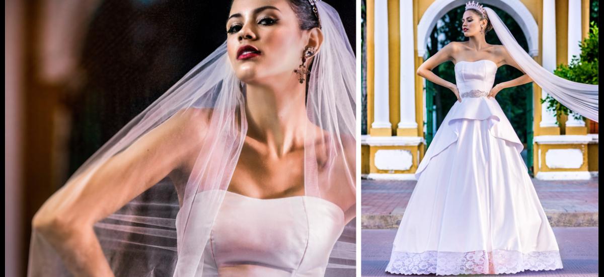 Vestido en corte princesa con escote corazón, elaborado en mikado, con falda sobrepuesta, cola de dos metros y un velo con finas terminaciones. Diseño de Casa Nupcial/ Modelo: Catalina Mouthón