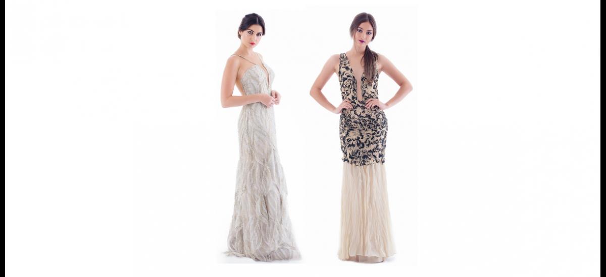 THALÍA SEGRERA La propuesta de Thalía Segrera se fundamenta en elegante diseño en tul recamado en cristales Swarovski tornasolados, fondo en seda metalizada y pétalos bordados a mano y sobrepuestos. De igual forma exhibe este vestido de corte sirena en tul bordado en negro y dorado, recamado en perlas y falda en chifón corrugado.